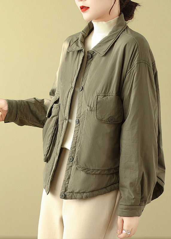 Army Green Peter Pan Collar Pockets Fine Cotton Filled Jacket Winter