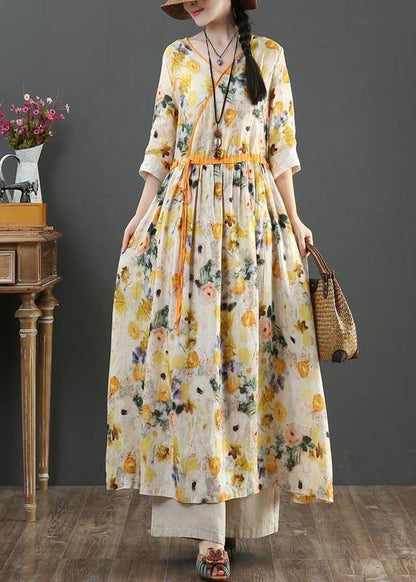 Yellow Print Linen Dress V Necktie Waist Summer Robe Dresses