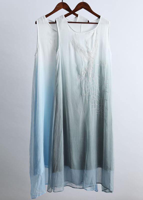 Gradient Blue Clothes O Neck Two Pieces Robes Summer Dresses