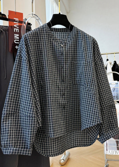 Black Plaid Stand Collar Pockets Cotton Shirt Top Fall