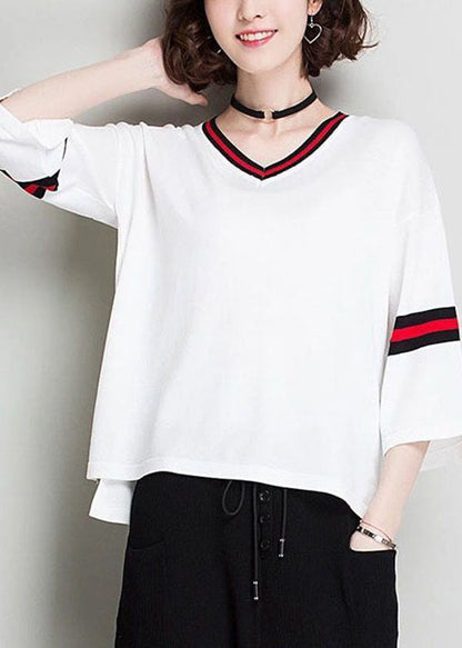 White V Neck Oversized Knit Tops Bracelet Sleeve