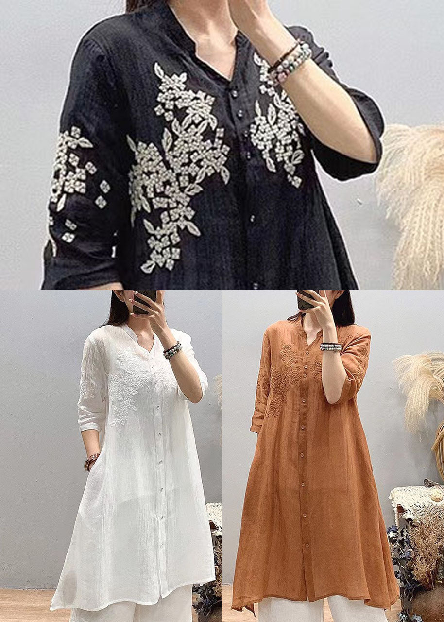 Fitted White Stand Collar Embroideried Linen Long Shirts Three Quarter Sleeve