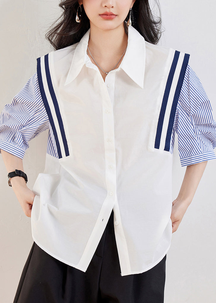 White Peter Pan Collar Striped Patchwork Top Half Sleeve