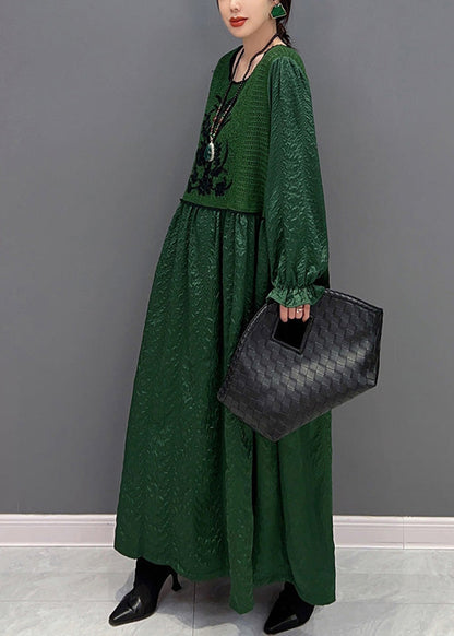 French Green O-neck Patchwork Knit Maxi Dresses Winter