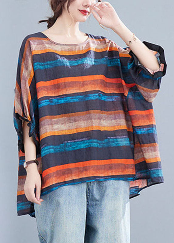 Orange Bat Wing Sleeve O-neck Asymmetrical Design Fall Striped Top