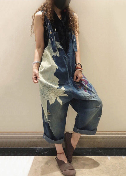 Blue Print Pockets High Waist Denim Jumpsuit Sleeveless