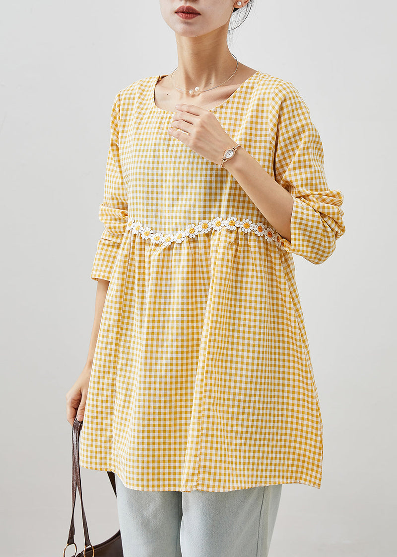 Yellow Plaid Patchwork Daisy Cotton Blouses Fall