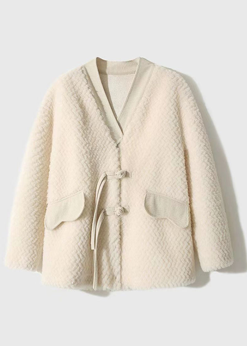 Beige Tasseled Chinese Button Patchwork Wool Coats Winter