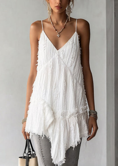 White Asymmetrical Ruffled Cotton Spaghetti Strap Tank Sleeveless