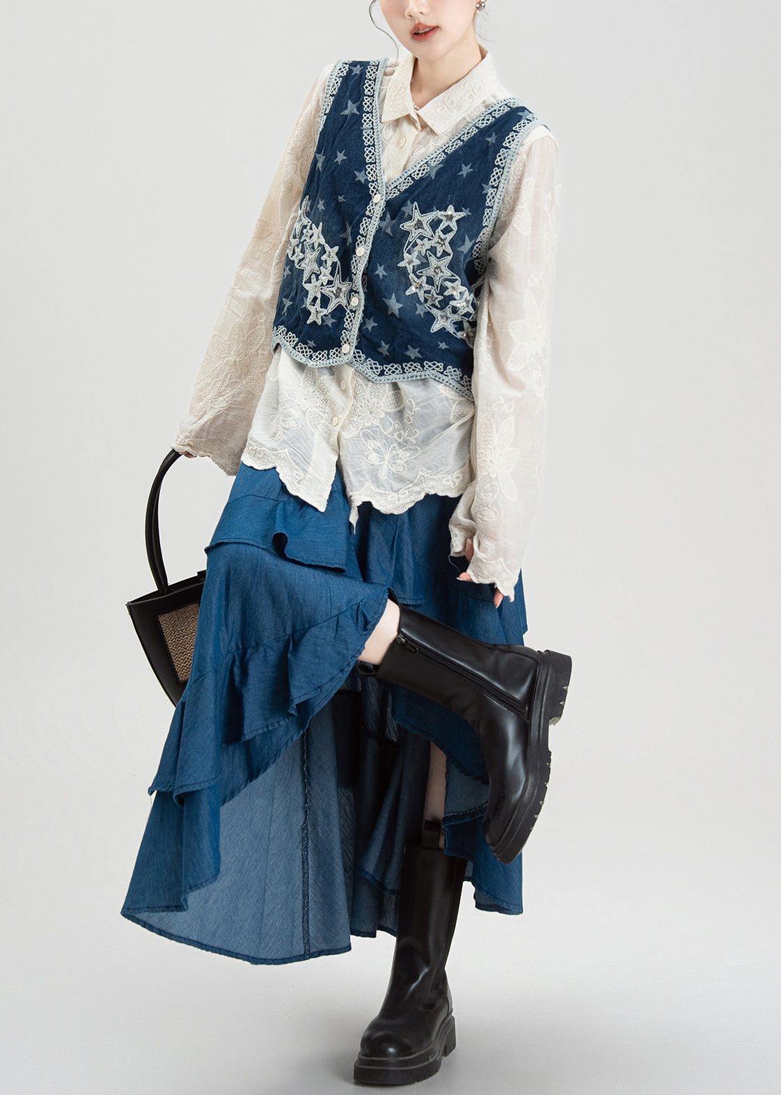 Style Embroidered Denim Vest Shirt Asymmetrical Skirts Set Summer