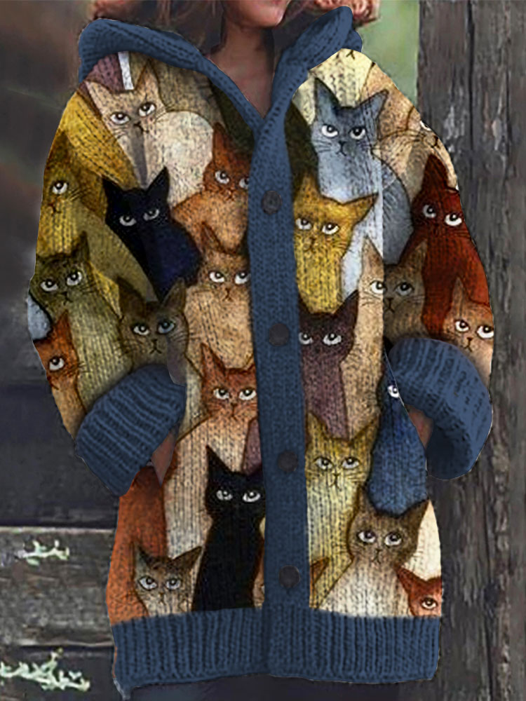 Comstylish Colorful Cats Pattern Cozy Hooded Cardigan