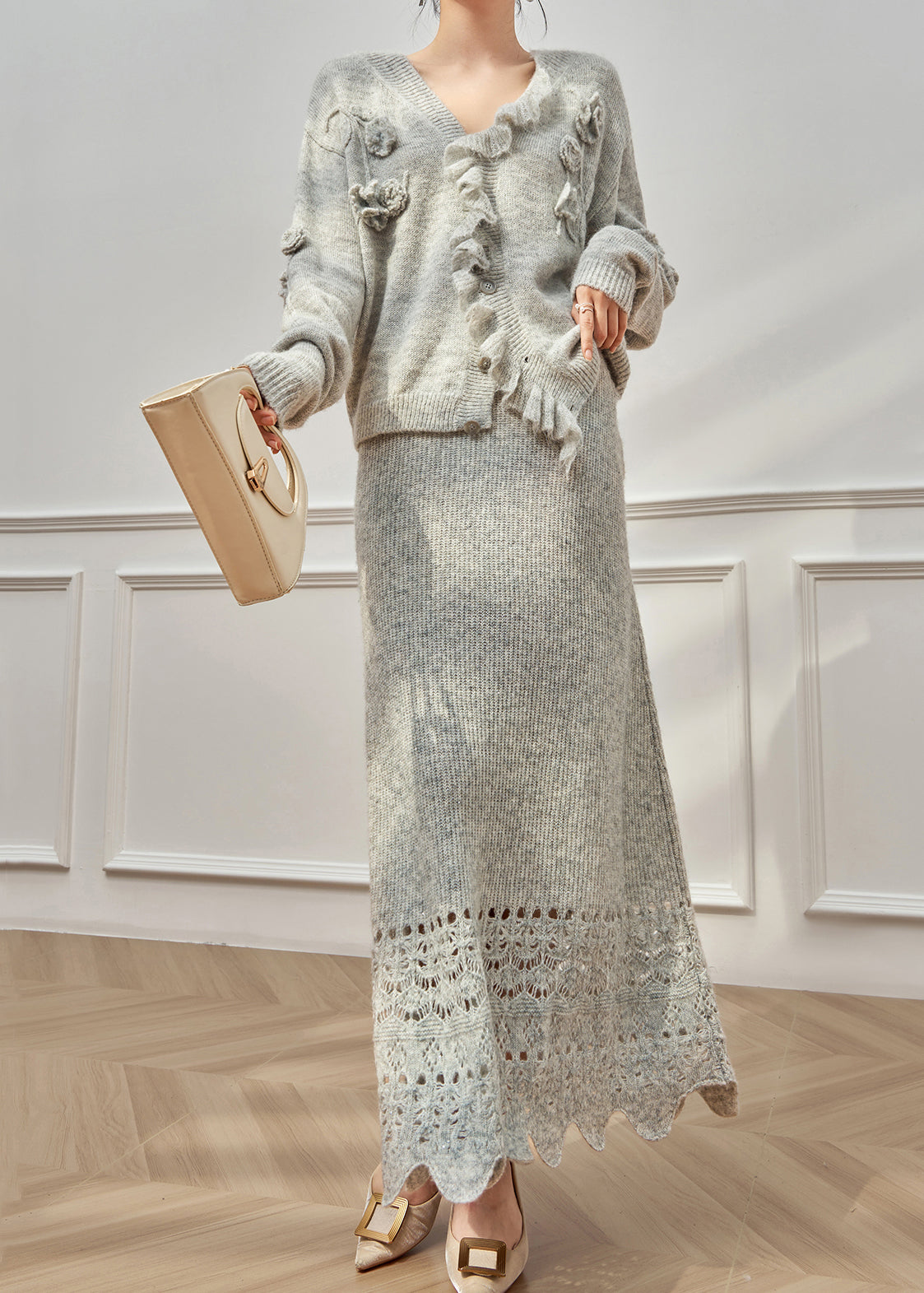 Grey Ruffled Hollow Out Knit Two Piece Set Winter