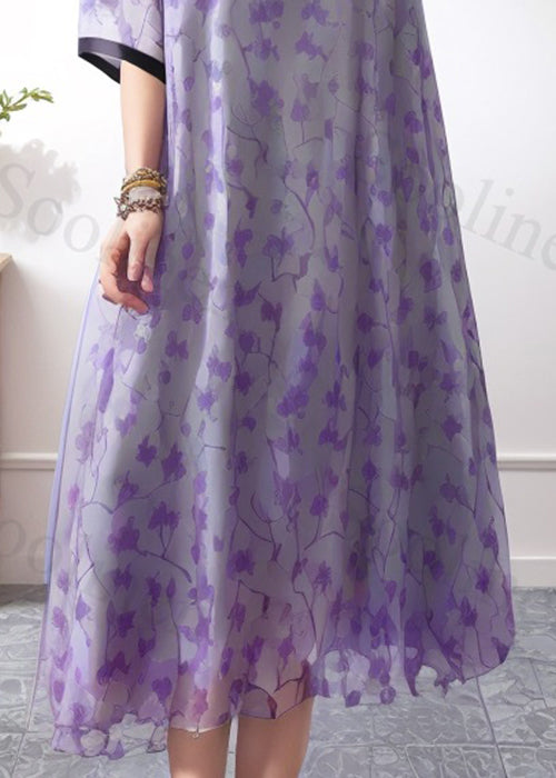 New Purple V Neck Print Silk Long Dresses Summer