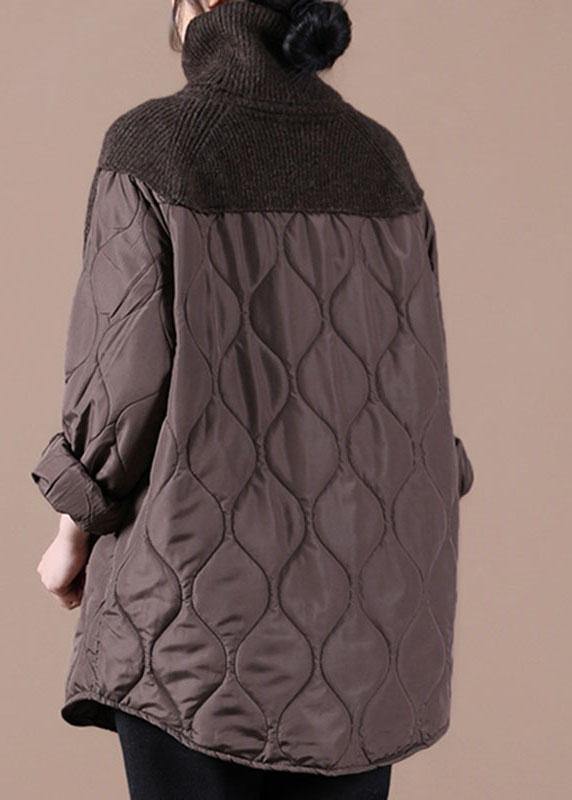 Chocolate Knitted High Neck Combed Rhombic Plaid Cotton Sweater