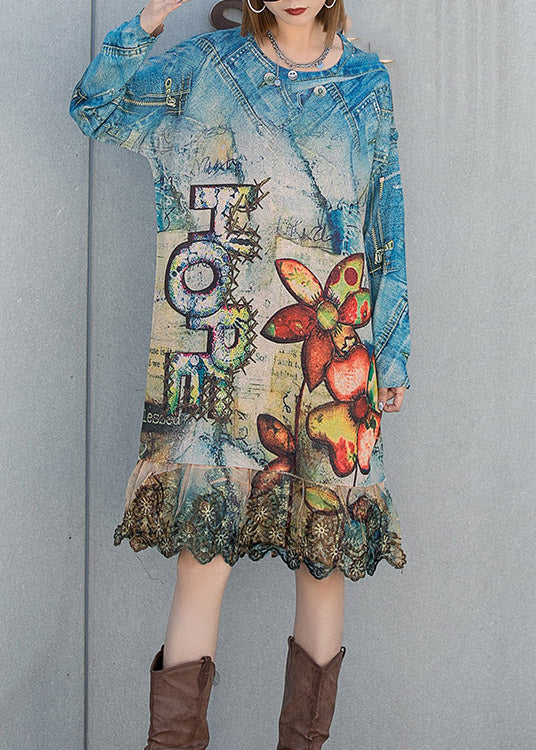 O-neck Ruffles Patchwork Print Knit Dresses Long Sleeve