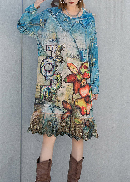 O-neck Ruffles Patchwork Print Knit Dresses Long Sleeve