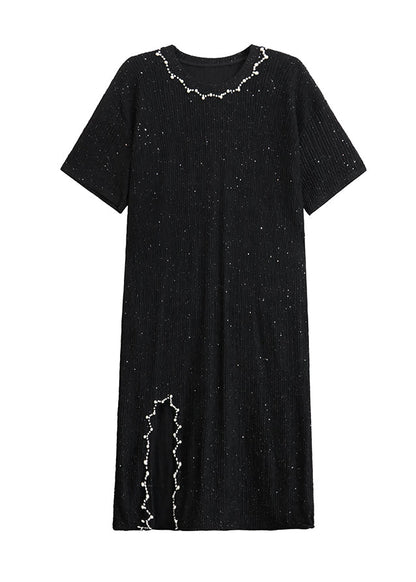 Black O Neck Nail Bead Cotton Dresses Summer