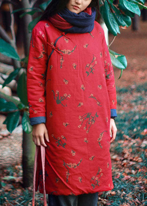 Red Print Button Pockets Cotton Filled Mid Dress Winter