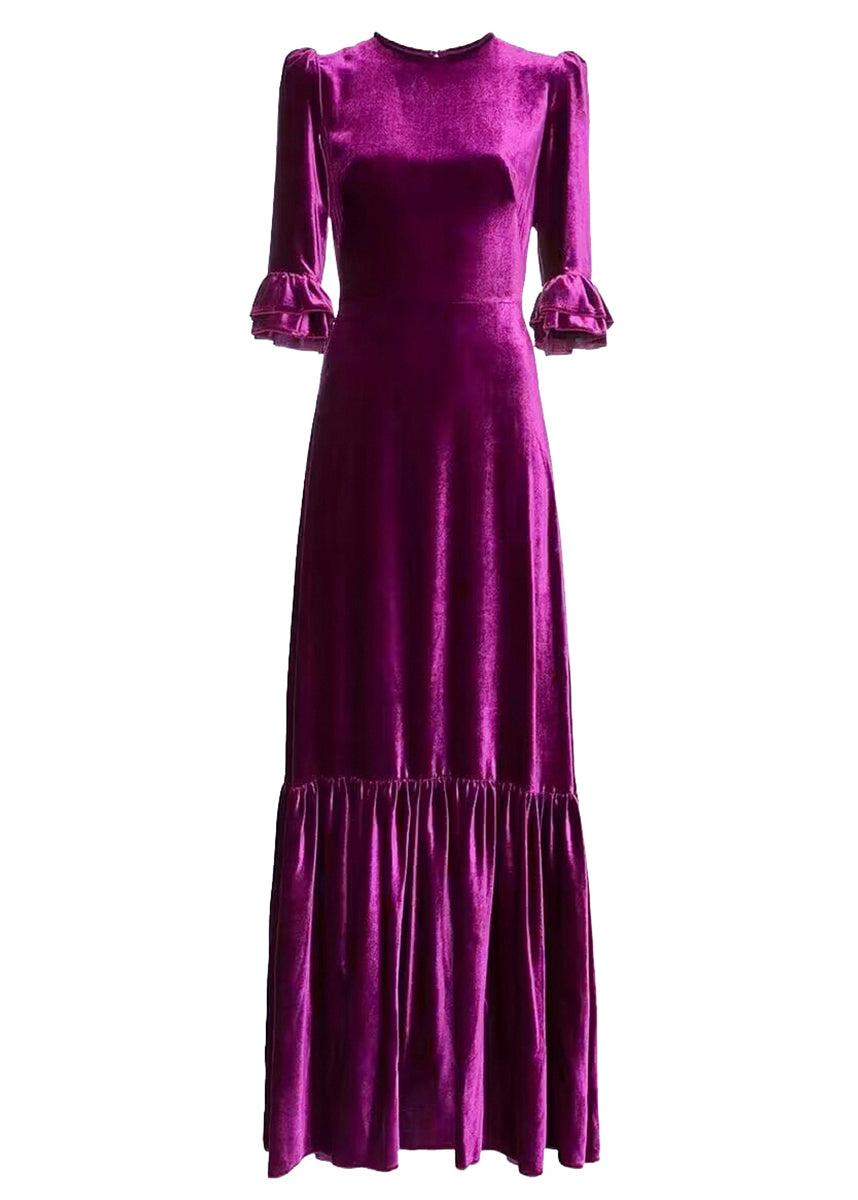 French Purple O Neck Ruffled Patchwork Silk Velour Long Dresses Spring