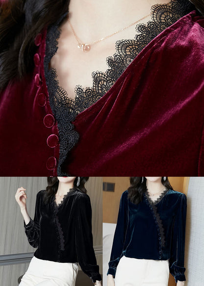 Blue Lace Patchwork Silk Velour Blouse Tops Long Sleeve