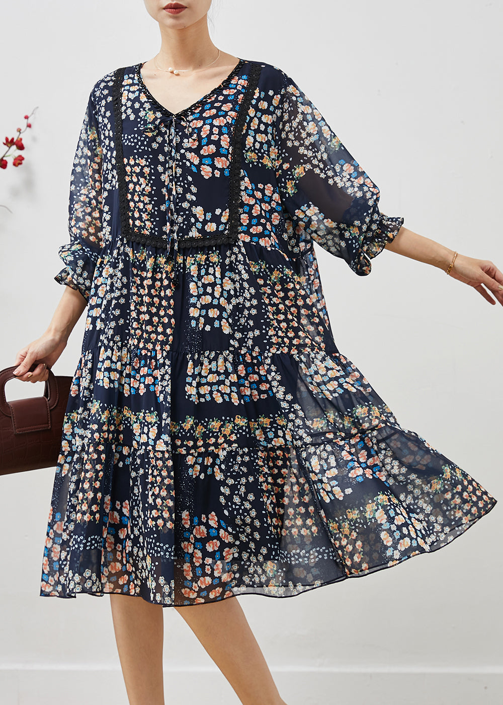 Navy Oversized Print Chiffon Mid Dress Summer