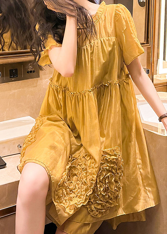Yellow Ruffled Patchwork Chiffon Dresses Summer