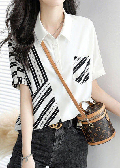 White Peter Pan Collar Striped Patchwork Top Short Sleeve