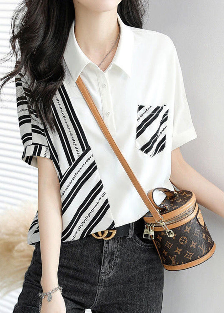 White Peter Pan Collar Striped Patchwork Top Short Sleeve