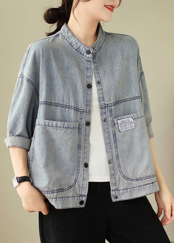 Light Blue Stand Collar Pockets Denim Jackets Spring