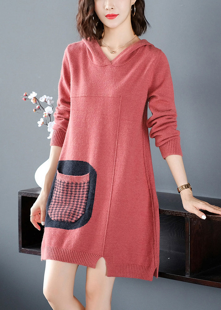 Red Patchwork Knitted Cotton Thread Hooded Sweater Dress Fall