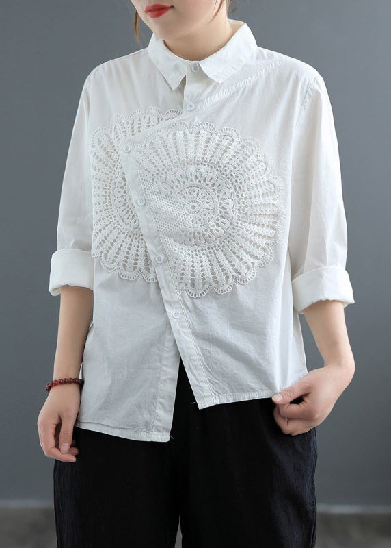 Classy White Asymmetrical Patchwork Lace Shirt Spring