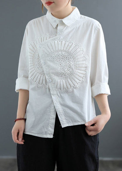 Classy White Asymmetrical Patchwork Lace Shirt Spring