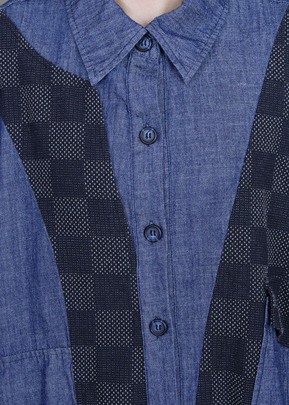 Denim Blue Patchwork Plaid Asymmetrical Design Fall Coats