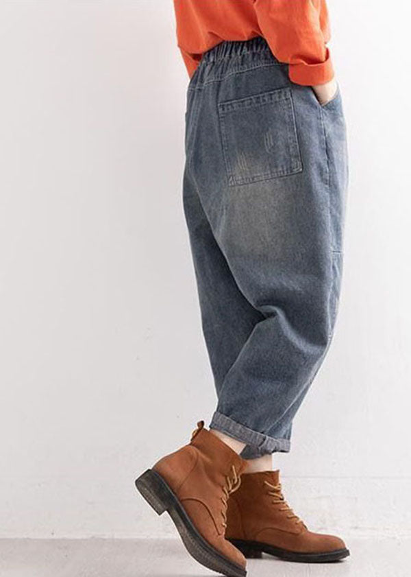 Denim Blue Elastic Waist Pockets Patchwork Applique Cotton Harem Pants Fall
