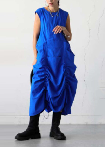 Blue Oversized Wrinkled Cotton Vacation Dresses Sleeveless Fall