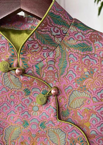 Pink Asymmetrical Button Print Cotton Waistcoat Sleeveless Fall