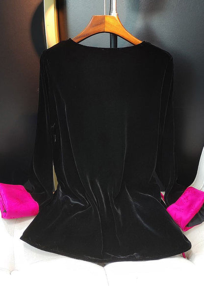 Black O-neck Patchwork Side Open Silk Velour Shirts Long Sleeve