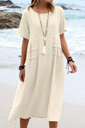 KS | Loose, short-sleeved casual dress with a round neckline and plain colors