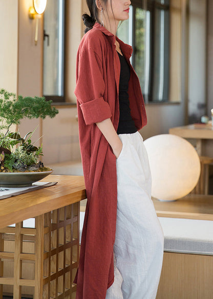 Loose Orange Red Button Side Open Linen Long Coats Long Sleeve