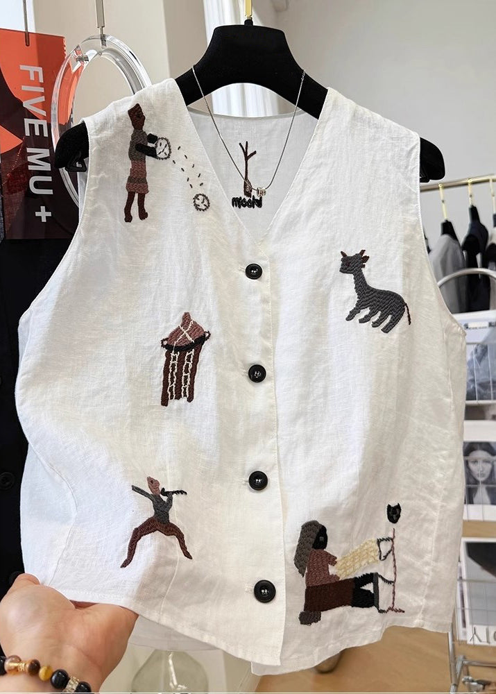 White V Neck Embroideried Cotton Vest Sleeveless
