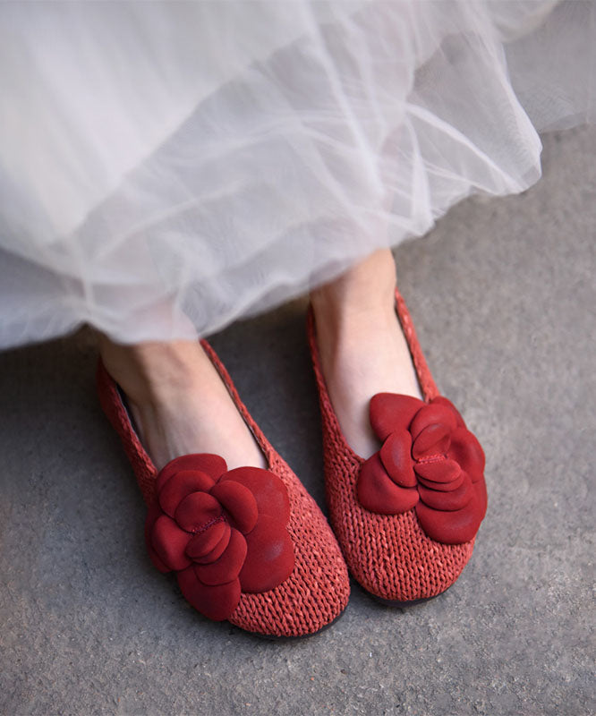 Handmade Red Flat Shoes Sheepskin Splicing