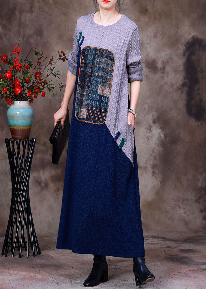 Grey Blue Patchwork Oriental Button Knit Sweater Dress Long Sleeve
