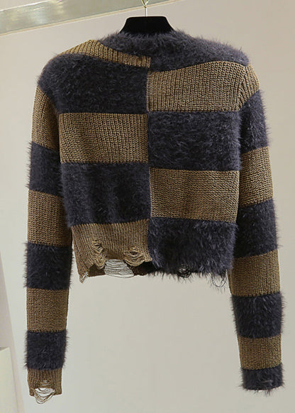 Unique Coffee O-neck Striped Hole Ma Hai Mao Cotton Knit Sweater Winter