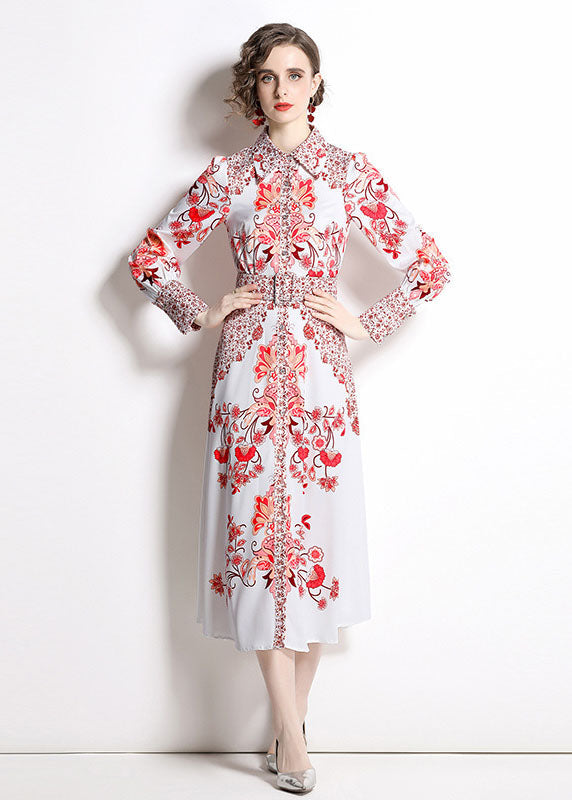 Red Print Peter Pan Collar Chiffon Cinch Dress Fall