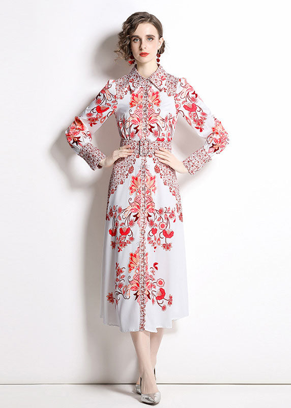 Red Print Peter Pan Collar Chiffon Cinch Dress Fall