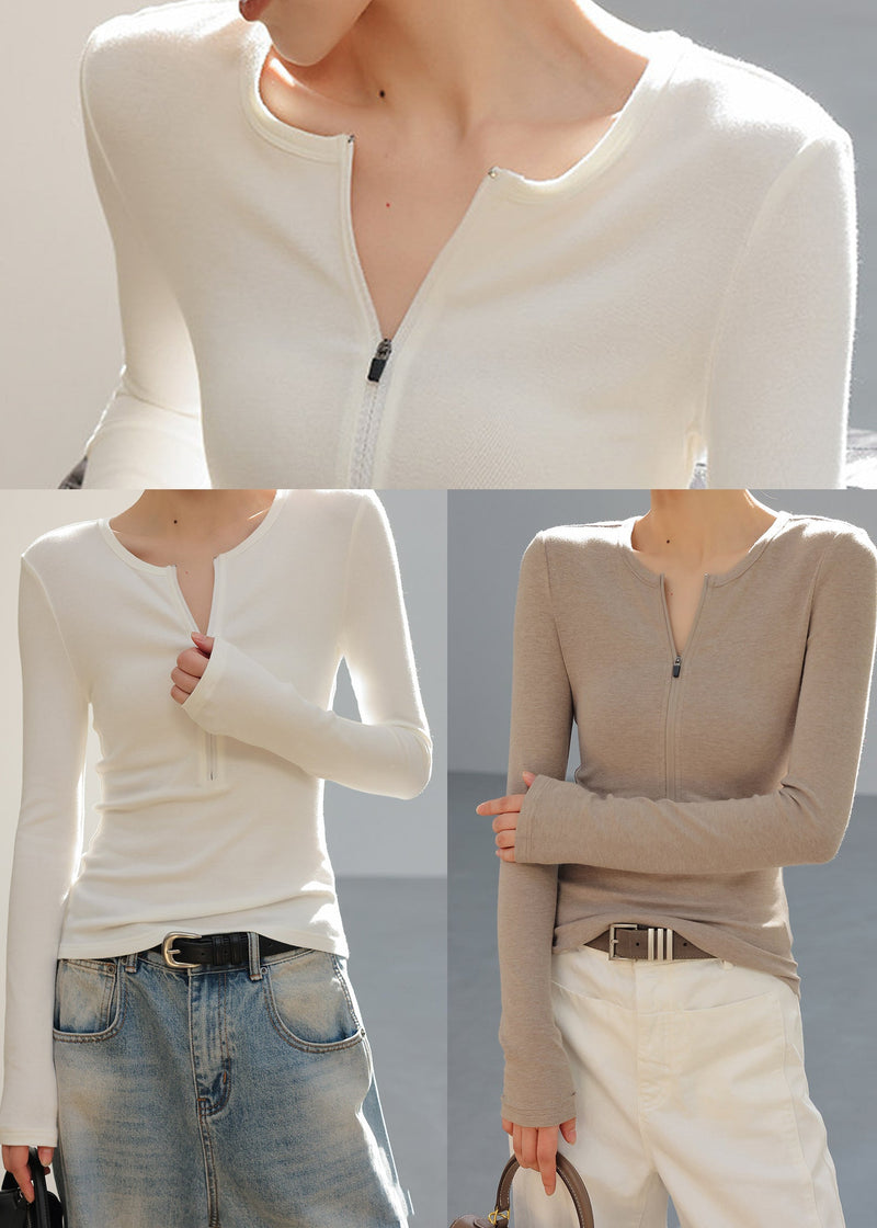 Silm Fit Khaki Cotton Top Zip Up Spring