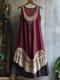 Retro Lace Patchwork Flowy Linen Tank Dress artswardrobe