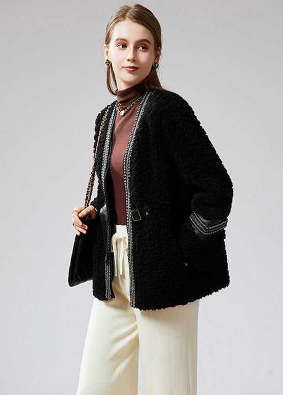 Black V Neck Patchwork Sashes Faux Fur Coat Winter