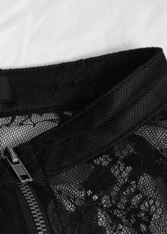 Black Zippered Tulle Summer Shirt Tops Long Sleeve