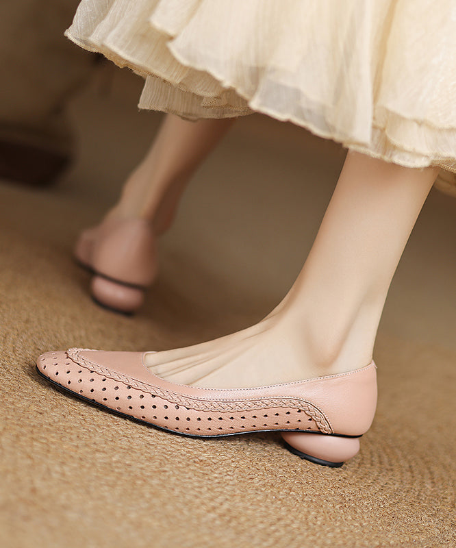 Classy Beige Sheepskin Flat Feet Shoes Hollow Out
